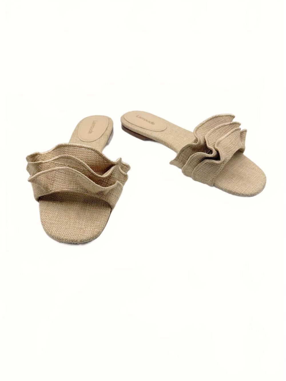 Larroudé Ivy Ruffle Woven Raffia Flat Slide Mule Sandals Beige Size 7